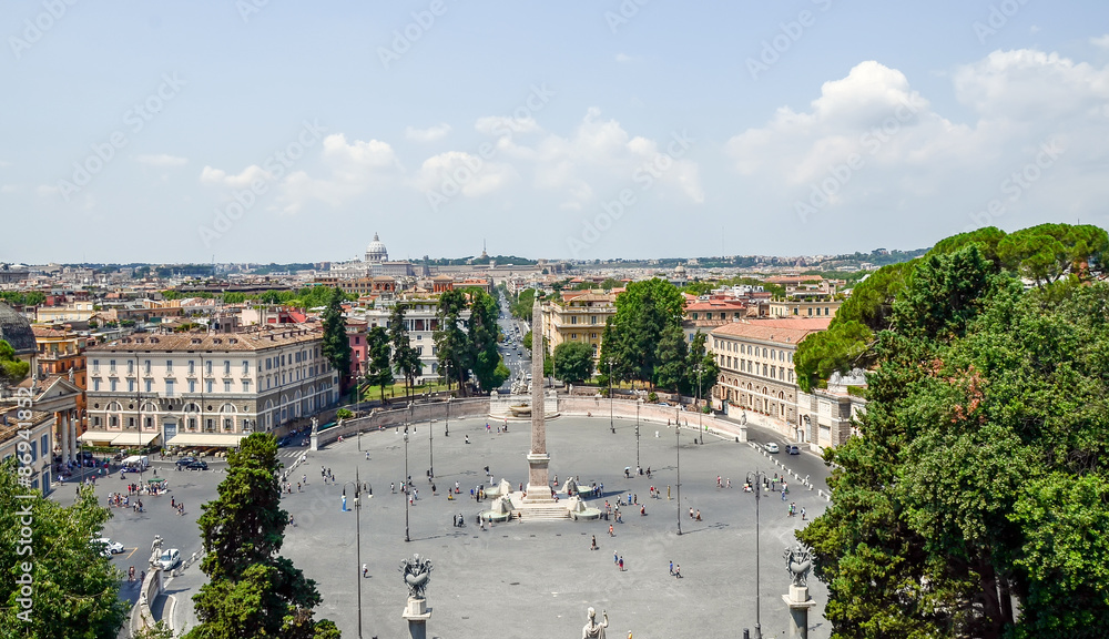 Tourists visits the People's Square (Piazza del Popolo).