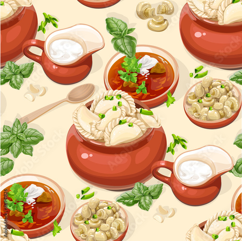 Seamless pattern of Ukrainian traditional red borscht with sour