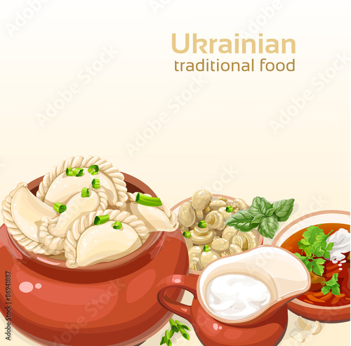 Ukrainian traditional food background with dumplings and soup fo