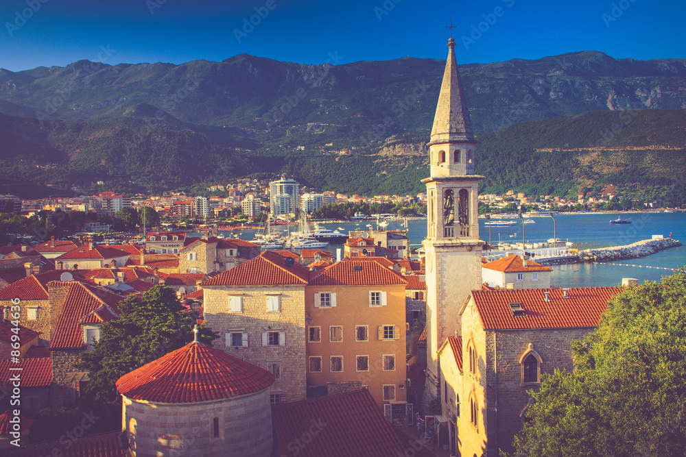 View of the old town of Budva in summertime. Montenegro.