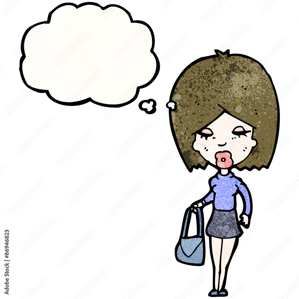 cartoon woman with thought bubble and handbag cartoon woman with thought bubble and handbag