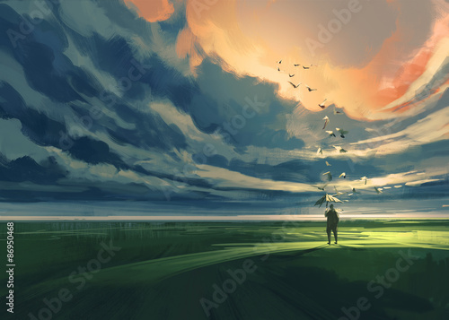 painting of man holding an umbrella standing alone in the meadow watching at the cloudy horizon