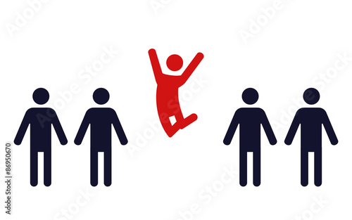 one happy jumping human figure in a row of identical standing men