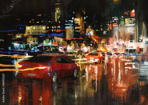digital painting of city street at night with colorful lights.