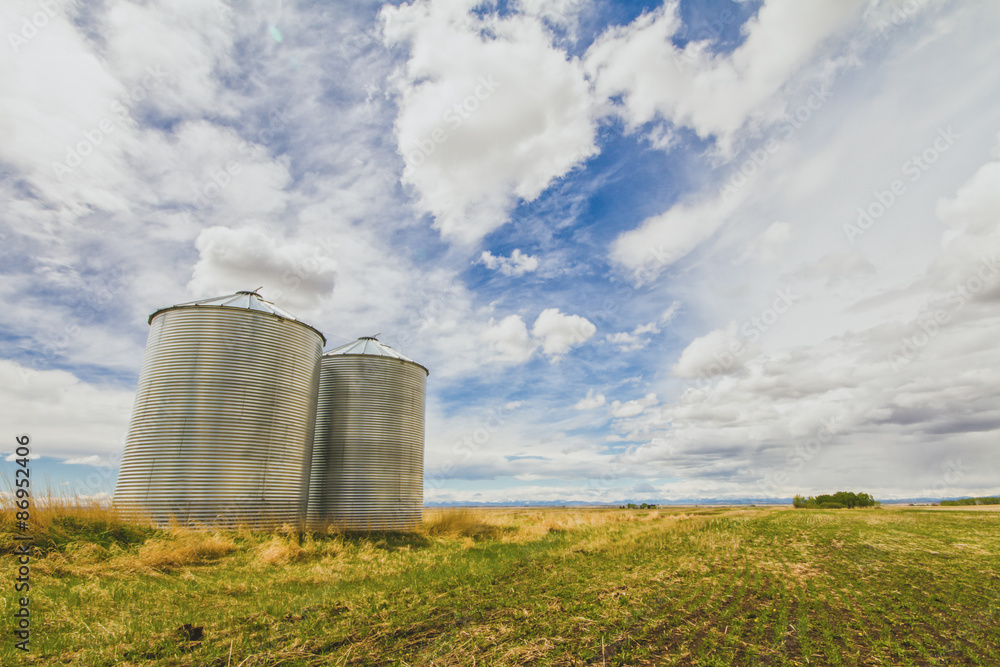 Metal grain silos on a prairie landscape with a blue cloudy sky. Metal grain silos on a prairie landscape with a blue cloudy sky.