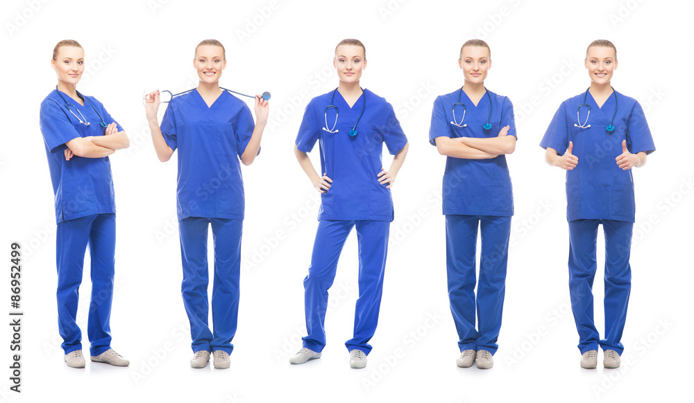 Fototapeta premium Young, attractive medical worker isolated on white. Collection of doctor in different poses.