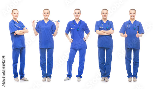 Young, attractive medical worker isolated on white. Collection of doctor in different poses.