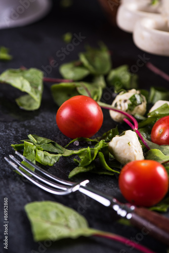 Fresh tomato and mozzarella salad on black slate