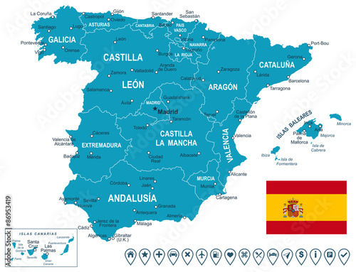 Spain map  flag and navigation labels. Highly detailed vector illustration. Image contains next layers with land contours  country and land names  city names  flag  navigation icons.