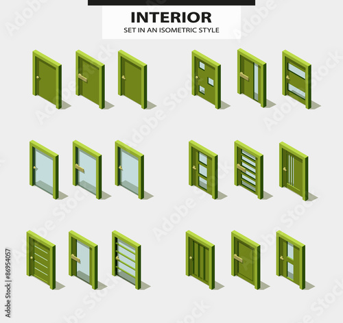 Set of doors in isometric style with design