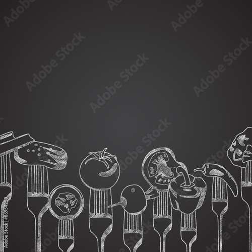 Vegetables on forks drawn on chalkboard