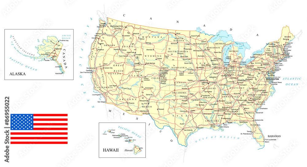 Naklejka premium USA - mapa szczegółowa - ilustracja.Mapa zawiera kontury topograficzne, nazwy kraju i ziemi, miasta, obiekty wodne, drogi, linie kolejowe.
