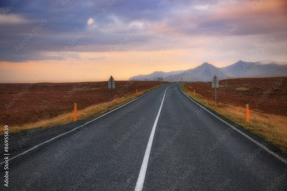 Iceland Road and Sunset Iceland Road and Sunset