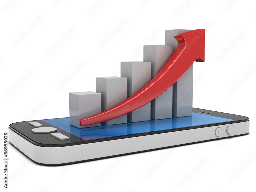 3d white bar graph with red arrow on smartphone 3d white bar graph with red arrow on smartphone