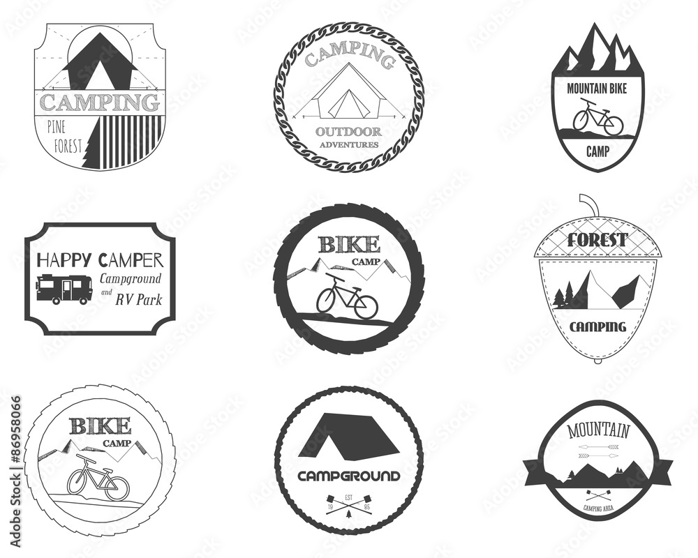 Set of retro badges and label logo graphics. Camping badges and Set of retro badges and label logo graphics. Camping badges and