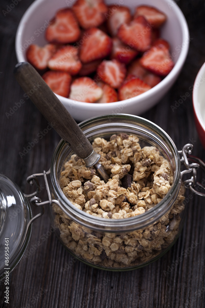 Delicious cereal on the old wooden table Delicious cereal on the old wooden table