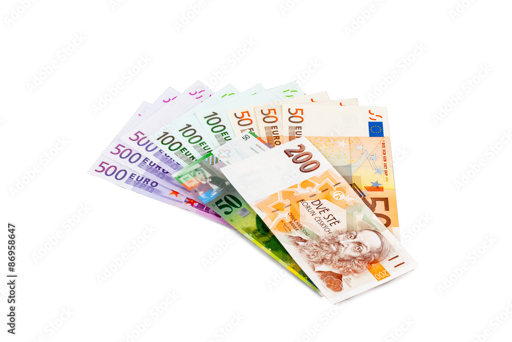 Bills Europe Banknotes euro, franc and Czech koruna Bills Europe Banknotes euro, franc and Czech koruna