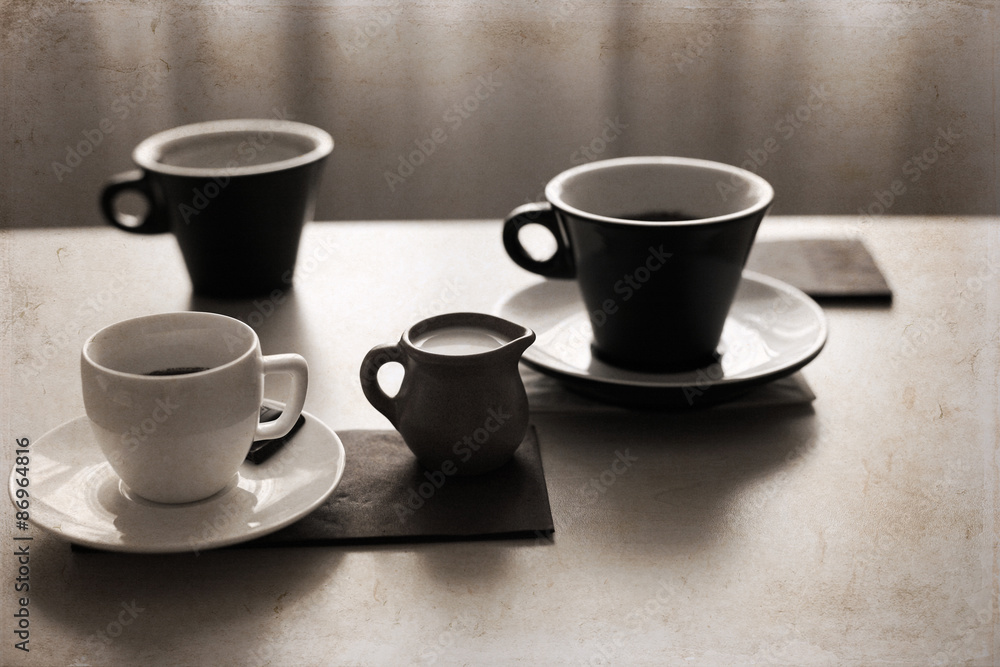 Artwork in retro style, cups of coffee, Artwork in retro style, cups of coffee,