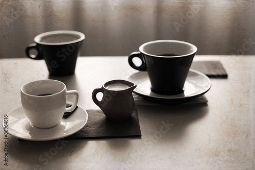 Artwork in retro style, cups of coffee,
