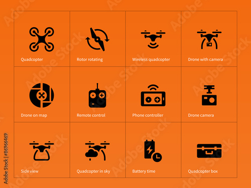 Wireless quadcopter and drone icons on orange background.