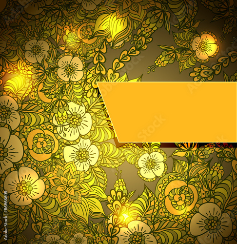 Template with doodle flowers and light in brown orang