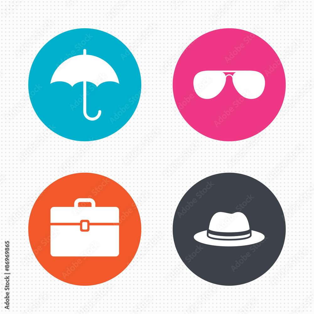 Umbrella, sunglasses and hat with case. Umbrella, sunglasses and hat with case.