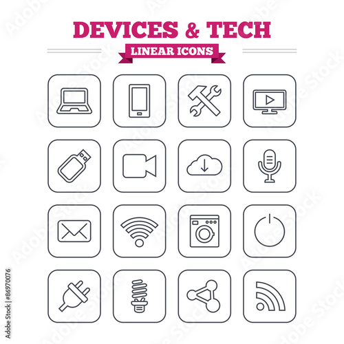 Devices and technologies linear icons set. Thin outline signs