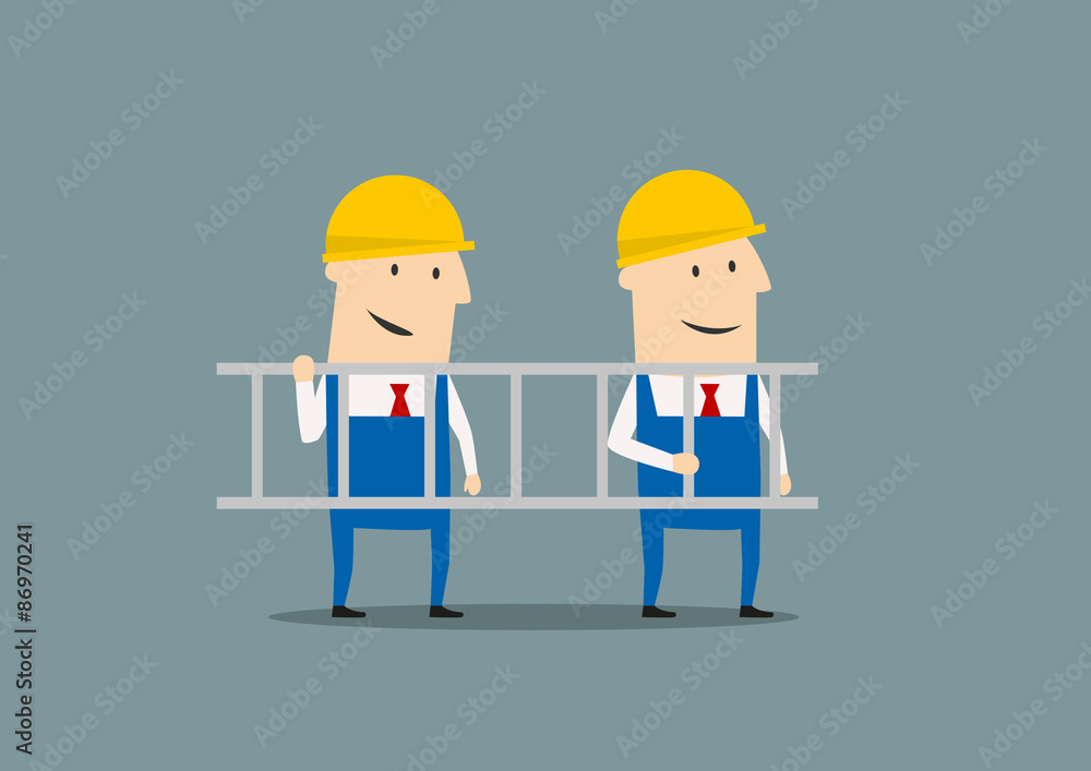 Obraz premium Two engineers in overallses carrying ladder