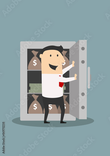 Businessman opens safe with money stacks and bags