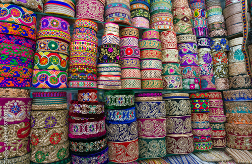 Pile of cloth fabrics at a local market in Bangladesh.