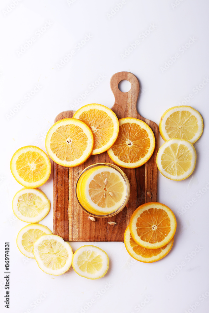 drink and stack of citrus fruits slices. drink and stack of citrus fruits slices.