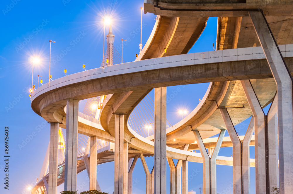 Twilight under view panorama Bhumibol highway Bridge Twilight under view panorama Bhumibol highway Bridge