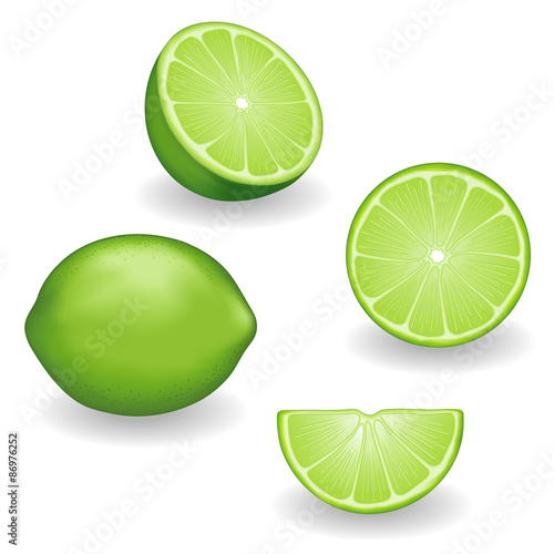 Limes, fresh, natural, organic fruit, whole, half, slice, wedge, isolated on white background background
