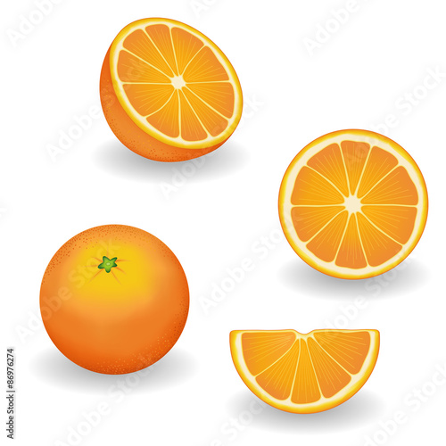 Oranges, fresh, natural, organic fruit, whole, half, slice, wedge, isolated on white background