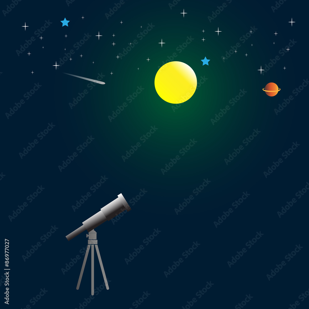 telescope on night sky background with moon, comets, and stars v telescope on night sky background with moon, comets, and stars v