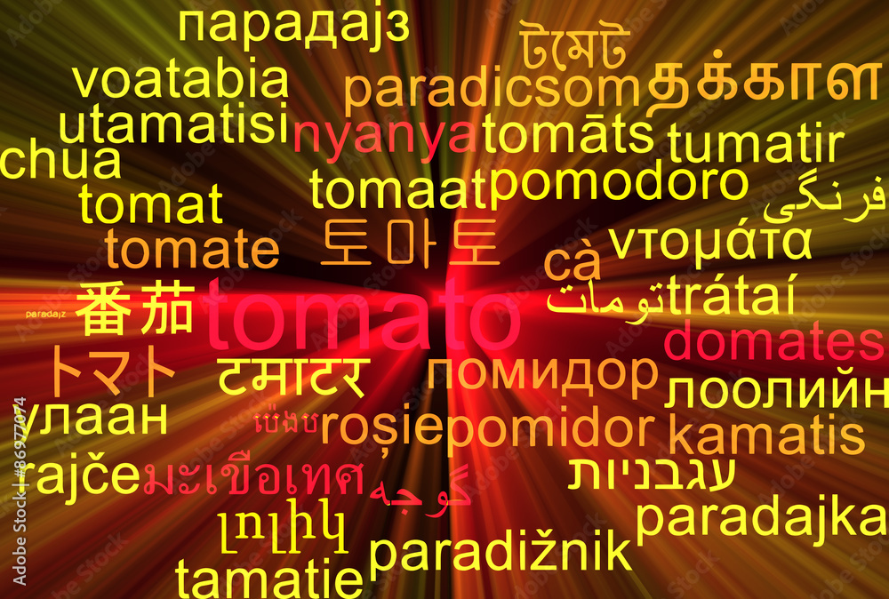 Tomato multilanguage wordcloud background concept glowing