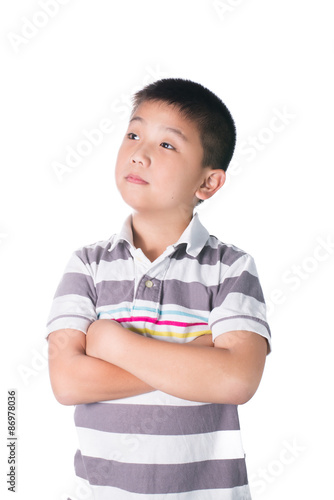 Asian boy cross someone's arm, isolated on white background