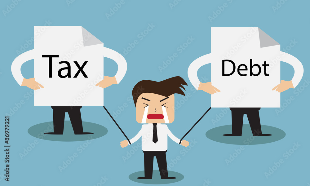 Business man cry  to hold debt and tax vector.