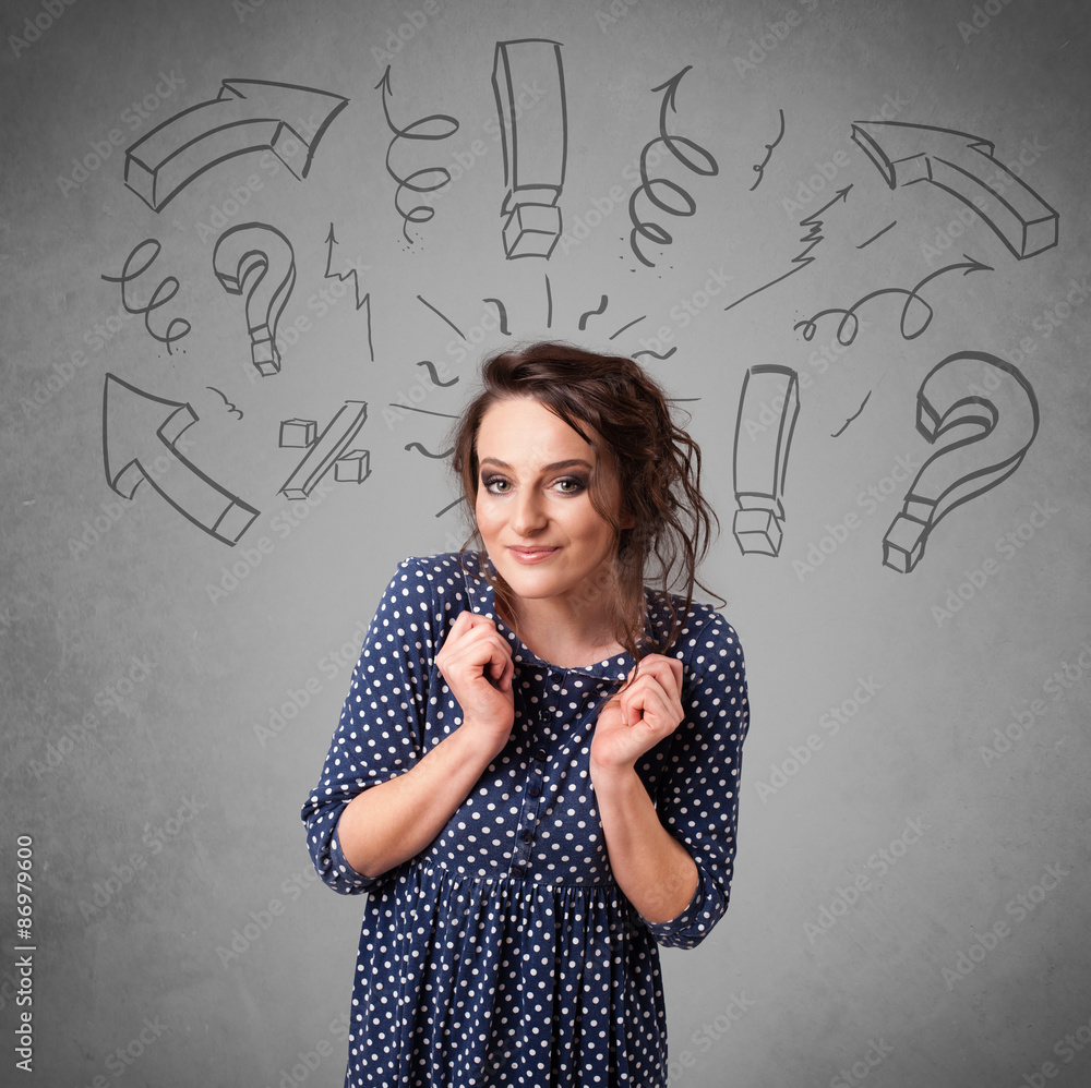 Fototapeta premium Cute young girl with question sign doodles