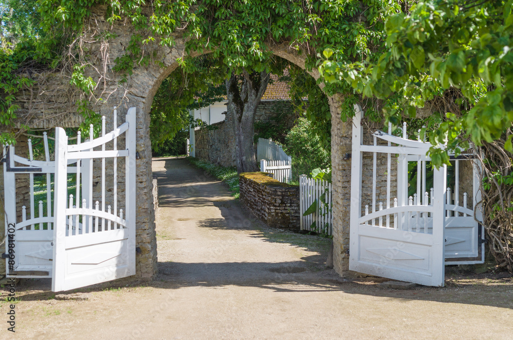 Opened wooden gate decorated with green climbing plant Opened wooden gate decorated with green climbing plant