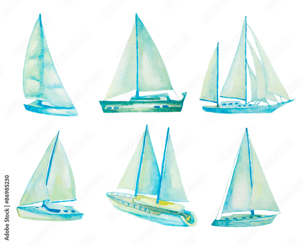 watercolor sailboats set, vector illustration