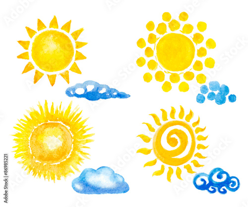 sun and clouds set. watercolor vector illustration