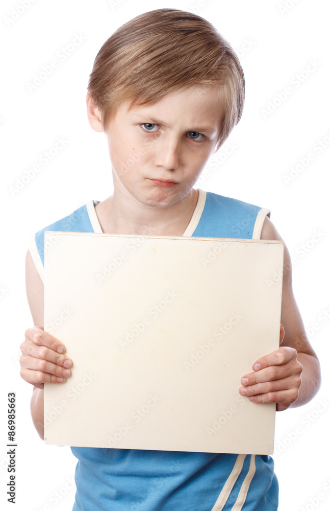 Boy on a white background with blank boad Boy on a white background with blank boad