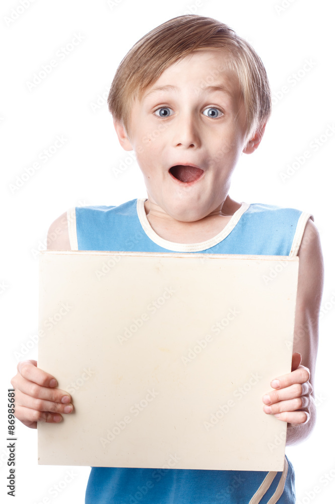 Boy on a white background with blank boad Boy on a white background with blank boad