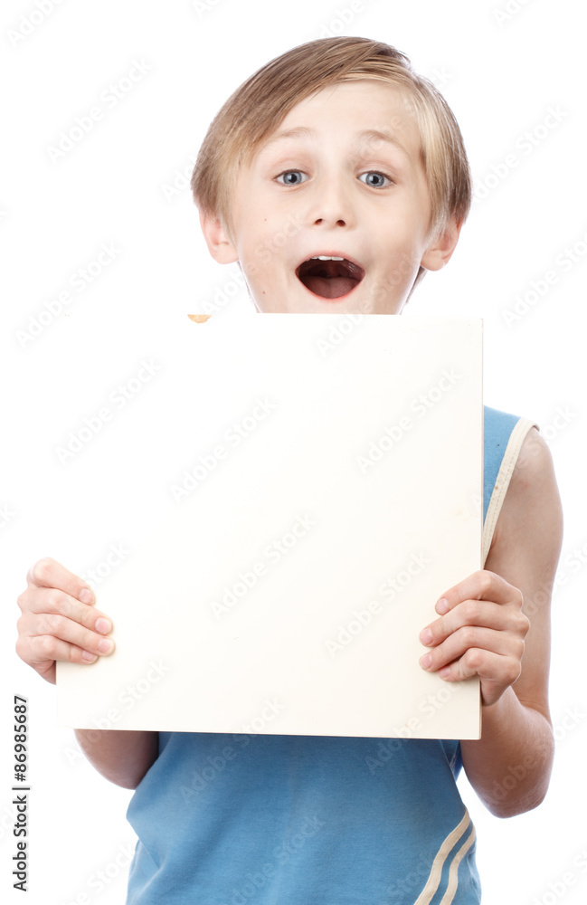 Boy on a white background with blank boad Boy on a white background with blank boad