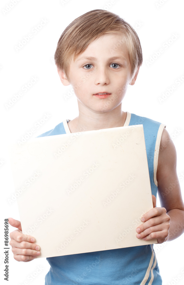 Boy on a white background with blank boad Boy on a white background with blank boad