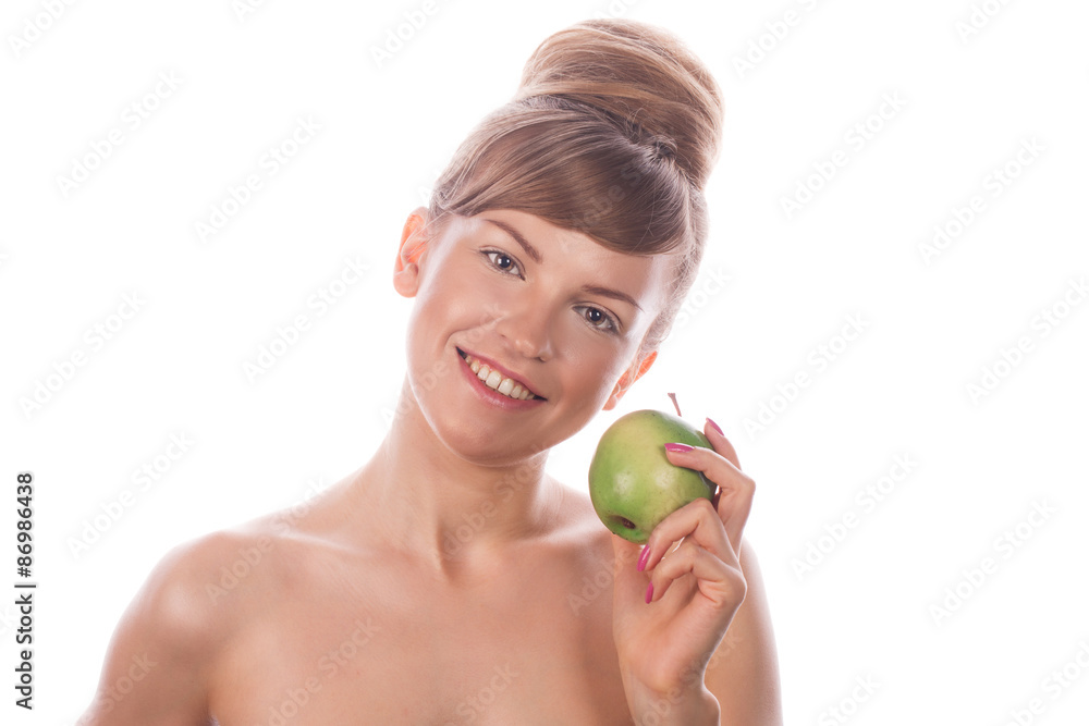Girl with nude makeup smiling and holding green apple. Girl with nude makeup smiling and holding green apple.