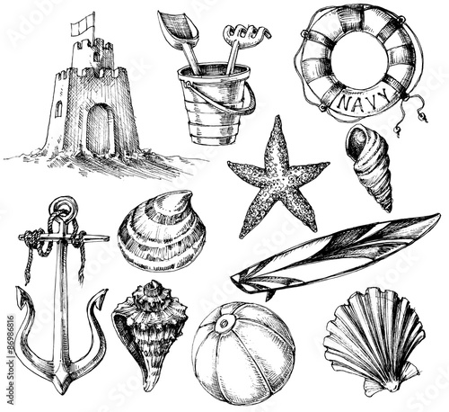 Summer collection, marine life and beach toys drawings