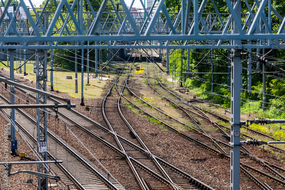 Railroad tracks junction in center of city Railroad tracks junction in center of city