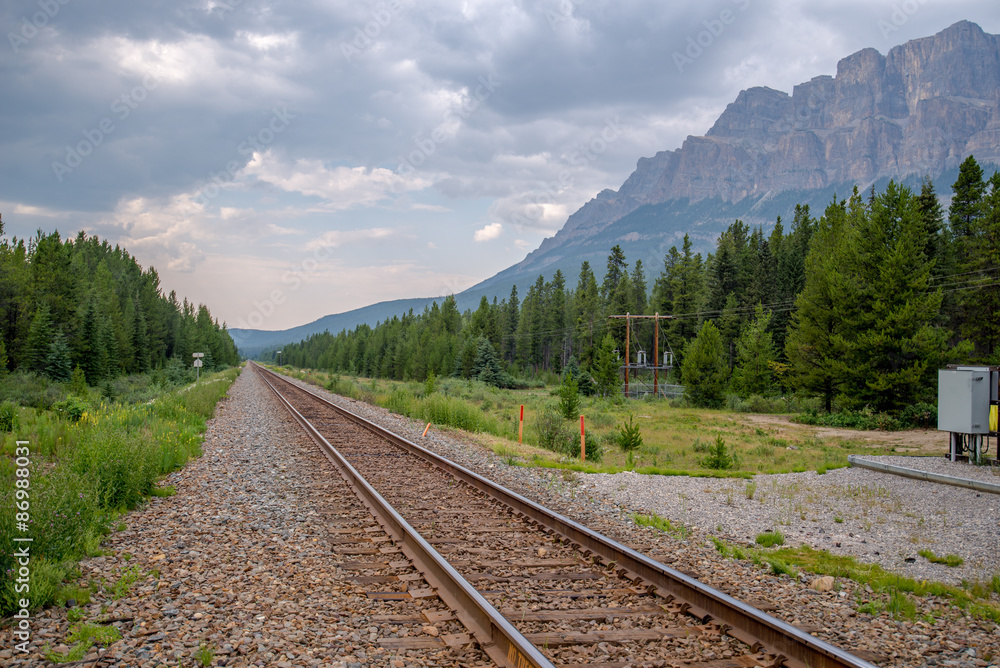 Fototapeta premium train track runs thru a beautiful mountain 